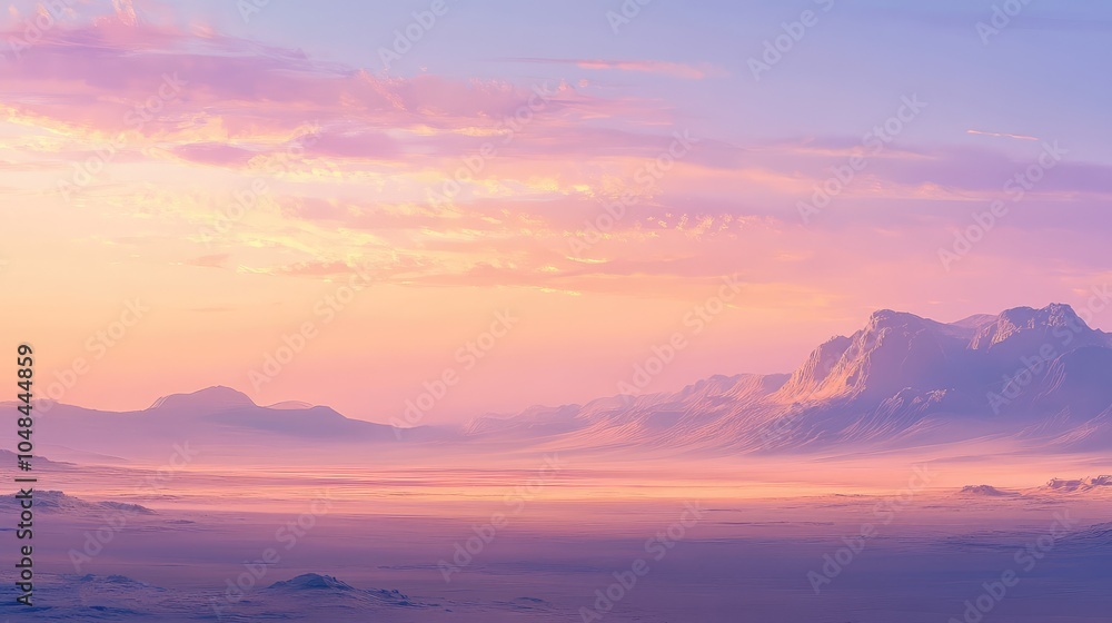 A soft, pastel-colored sky over a tranquil desert at dawn, with the first light of day illuminating the sand and distant mountains A soft, pastel-colored sky over a tranquil desert at dawn, with the first light of day illuminating the sand and distant mountains