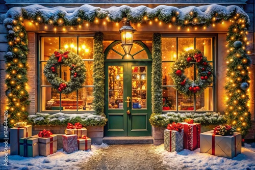 Charming Christmas Present Shop Decorated with Garlands and Wreaths Evoking Holiday Spirit, Perfect for Winter Festivities, Cozy Atmosphere, and Seasonal Celebrations