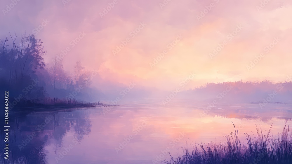 A soft sky over a pond at dusk, with gentle shades of peach and lavender reflected in the still water, creating a peaceful scene A soft sky over a pond at dusk, with gentle shades of peach and lavender reflected in the still water, creating a peaceful scene