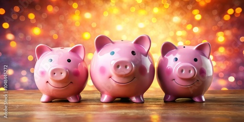 Charming Three Pink Piggy Banks with Cute Faces, Bokeh Effect for Playful Savings Concept, Ideal for Financial Themes, Kids' Saving Ideas, and Adorable Home Decor