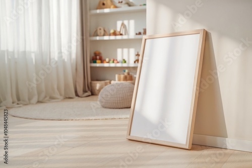 Blank frame leaning on sunlit nursery floor with shelves filled with toys, cozy and minimal children’s room decor