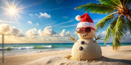 Christmas in July Beach Scene with Sand Snowman, Tropical Festivities, Summer Vibes, Holiday Spirit, Fun Family Activities, Coastal Celebration, Unique Beach Decorations
