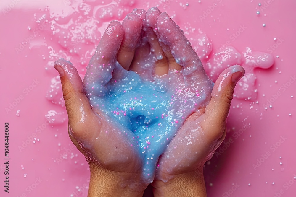 Fototapeta premium Kids hands making pink and blue slime toy on pink background. Kids hands playing slime toy. Making slime, copy space