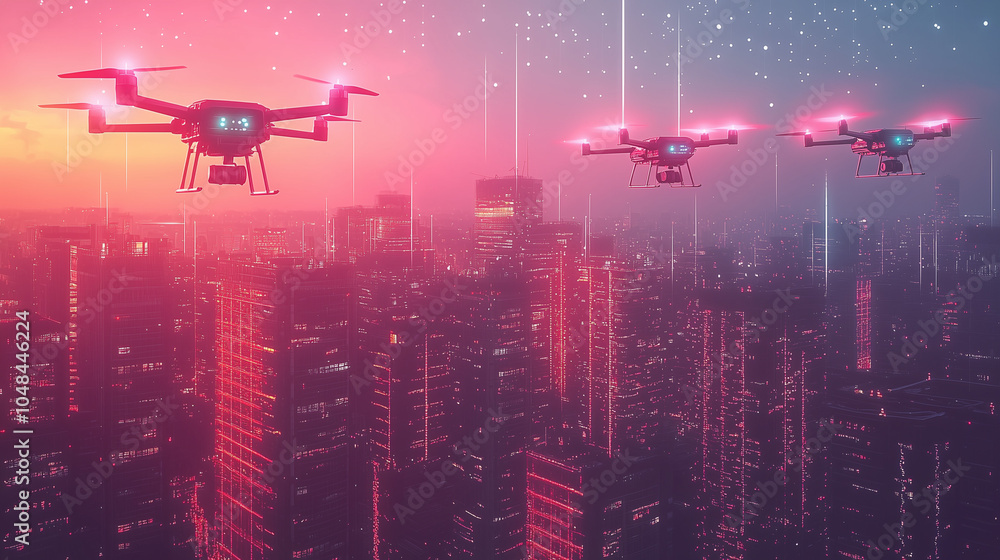 Fototapeta premium Futuristic City Skyline: Autonomous Drones Delivering Packages Amid Neon Lights, Creating a Tech-Utopia Atmosphere