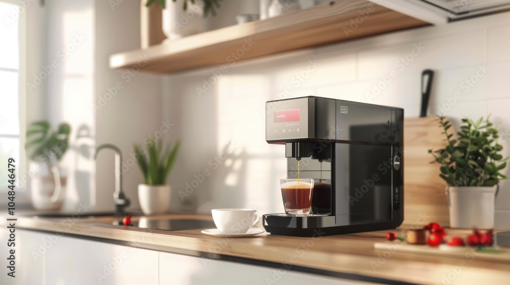 Modern Black Coffee Maker Brewing Coffee in a Glass Cup on a Kitchen Countertop Modern Black Coffee Maker Brewing Coffee in a Glass Cup on a Kitchen Countertop