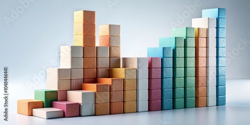 Clay Style 3D Bar Chart Representation of Data Points in a Creative Double Exposure Photography Style with Vibrant Colors and Textured Clay Blocks on White Background