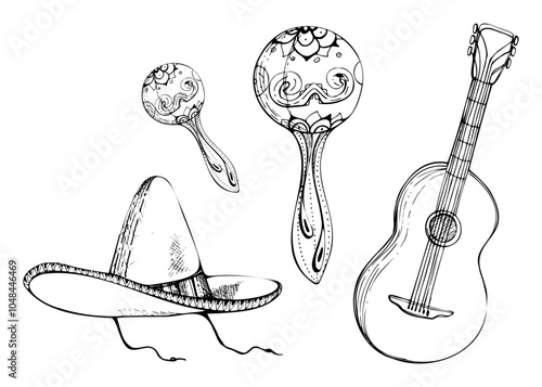 Mexican symbols sombrero hat, acoustic guitar maracas mariachi musical instruments, floral ornament decoration. Hand drawn ink vector isolated illustration set. Travel vacation, folk concert brochure