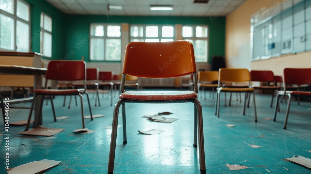 Empty classroom with scattered papers on the floor, featuring colorful chairs under natural light creating a sense of neglect and abandonment in an educational setting. Empty classroom with scattered papers on the floor, featuring colorful chairs under natural light creating a sense of neglect and abandonment in an educational setting.