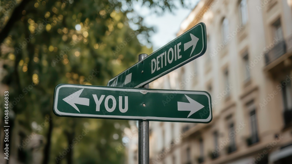 Green street signs with 'YOU' and 'DETOUR' pointing in opposite directions, with a city background. Green street signs with 'YOU' and 'DETOUR' pointing in opposite directions, with a city background.