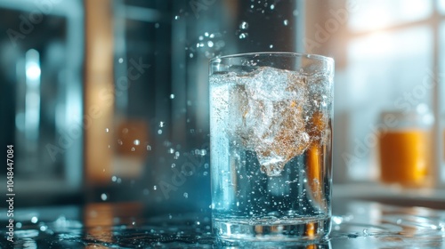 A stunning close-up of a glass captures water splashing dramatically over ice cubes, showcasing the elegance and refreshing essence of hydration in fine detail and clarity.