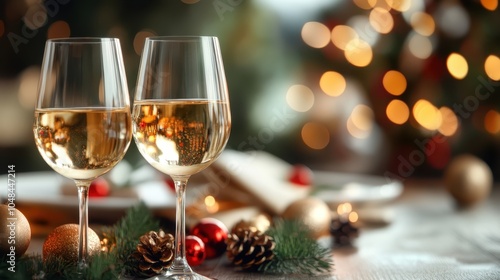 Two glasses of white wine sit together amidst a festive background decorated with twinkling lights and holiday decor, capturing the spirit of celebration and togetherness.