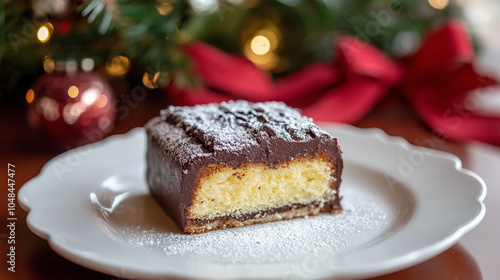 Wallpaper Mural Christmas Yule log cake slice with chocolate frosting and powdered sugar on a white plate, surrounded by festive holiday decor with red ribbons and ornaments Torontodigital.ca