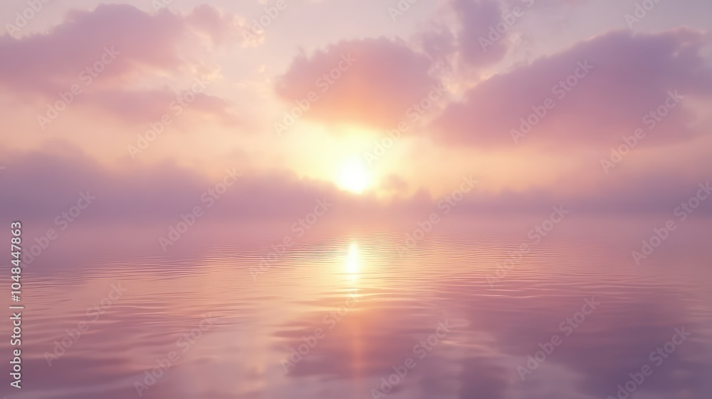 Fototapeta premium A tranquil hazy sky at sunrise with soft, muted tones of lavender and orange glowing through the morning mist
