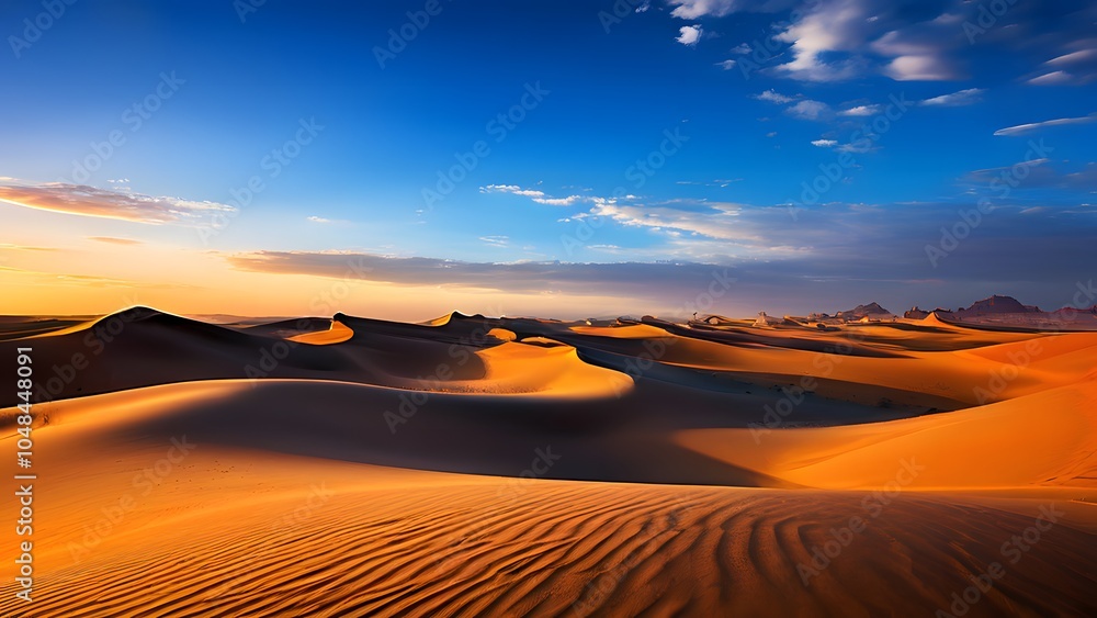 Naklejka premium Warm Sunset Glow Illuminating the Serene Curves of Distant Desert Dunes Stretching to the Horizon (60)