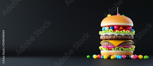 Colorful stacked burger with candy toppings photo