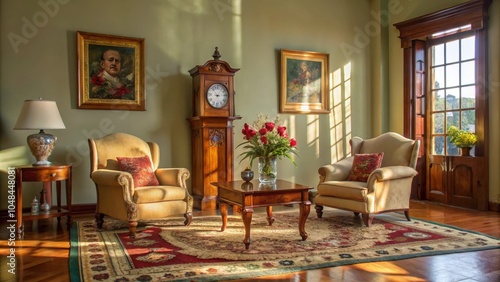 Sunbeams illuminate a traditional living room featuring two plush armchairs, an antique grandfather clock, and a floral arrangement on a coffee table with a patterned rug.