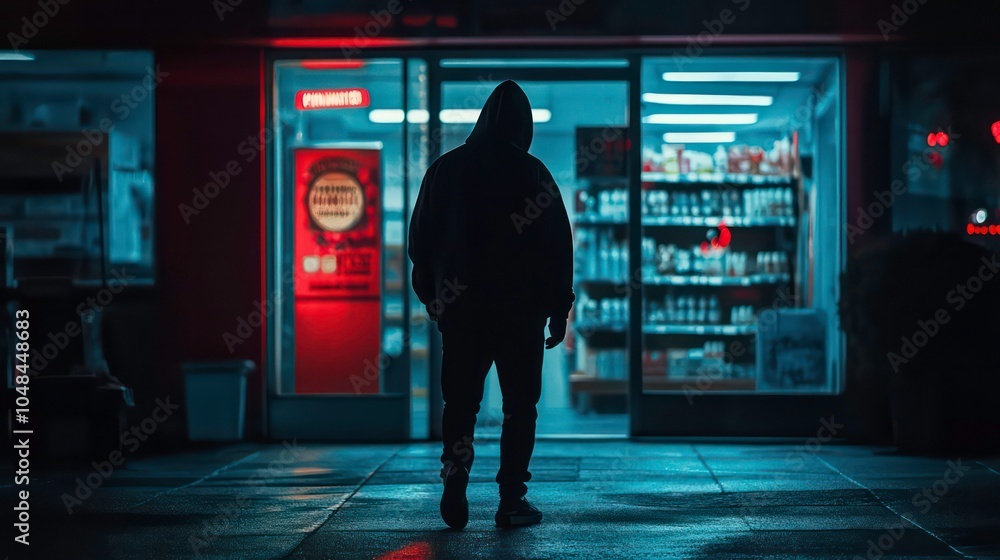 A person in a hooded sweatshirt stands in front of a store at night. The store windows are brightly lit, and the person is silhouetted against the light. A person in a hooded sweatshirt stands in front of a store at night. The store windows are brightly lit, and the person is silhouetted against the light.