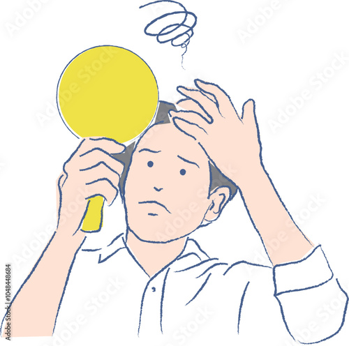 A man looking in the mirror and worrying about his baldness. He is thinking about hair loss and hair growth.
