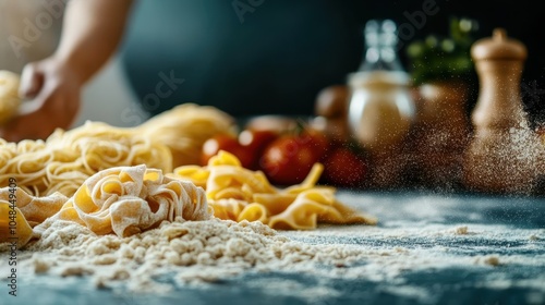 A vivid scene of fresh pasta being prepared with surrounding ingredients, capturing the essence of authentic Italian cuisine in a lively and inviting kitchen setting. photo