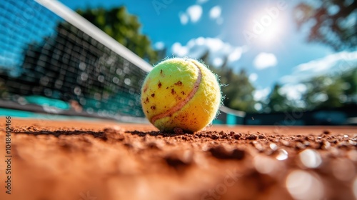 A dynamic close-up of a tennis ball on a clay court bathed in sunlight, with a blurred net background, capturing the essence of sports and competition. photo