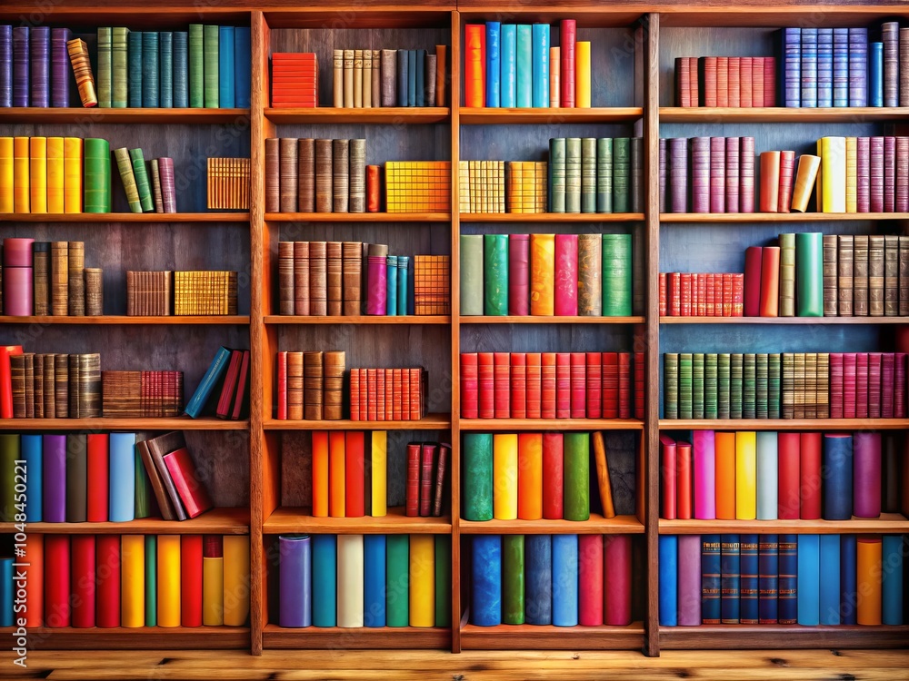 Fototapeta premium Colorful Bookshelf Filled with Vibrant Books Perfect for Book Lovers and Students in a Cozy Reading Nook with Bright Atmosphere and Copy Space for Text