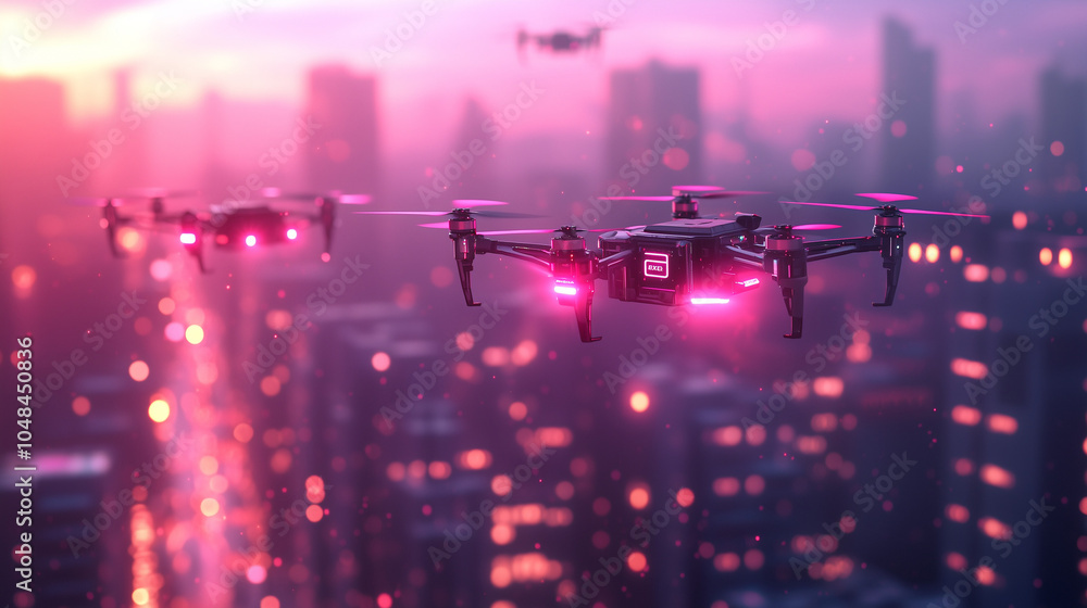 Futuristic City Skyline: Autonomous Drones Delivering Packages Amid Neon Lights, Creating a Tech-Utopia Atmosphere Futuristic City Skyline: Autonomous Drones Delivering Packages Amid Neon Lights, Creating a Tech-Utopia Atmosphere