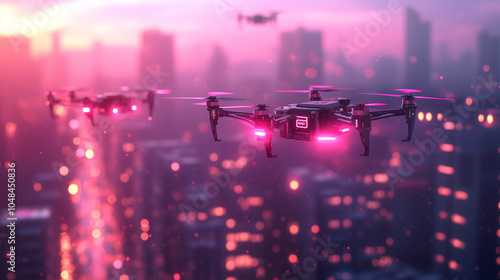 Futuristic City Skyline: Autonomous Drones Delivering Packages Amid Neon Lights, Creating a Tech-Utopia Atmosphere