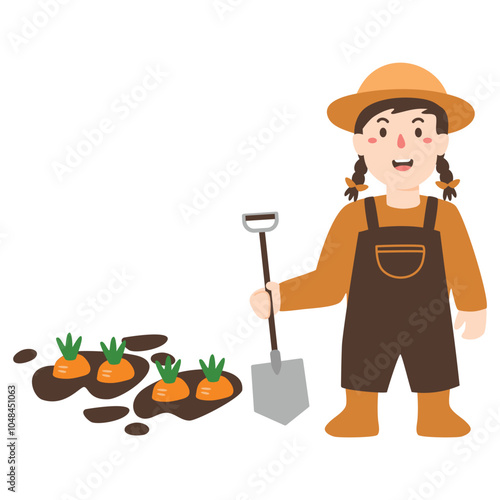 Little girl farmer harvesting carrots in the garden