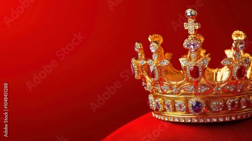 A golden crown with red and blue jewels sits on a red velvet cushion against a red background. photo