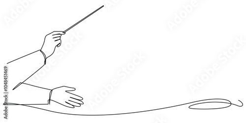 continuous line of music conductor's hand with baton.one line drawing of orchestra music.single line vector illustration of conductor directing music players.isolated white background