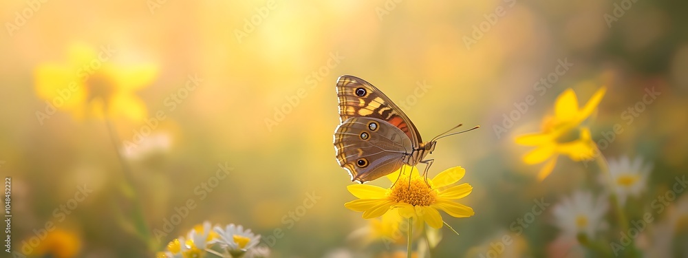 A photograph of a buckeye butterfly with its large, multicolored eyespots on the wings is perched delicately atop yellow petals in natural daylight
