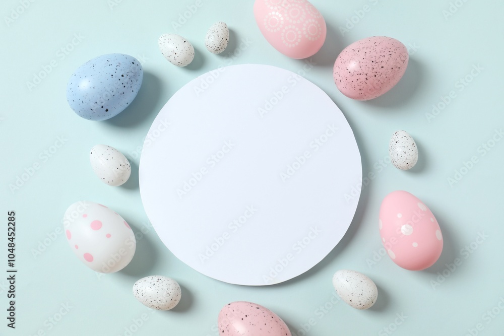 Happy Easter card. Easter eggs on color background, top view Happy Easter card. Easter eggs on color background, top view