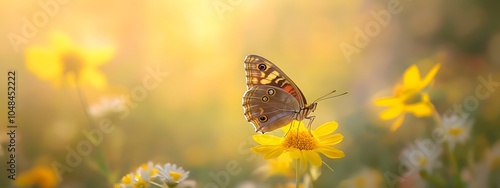 Obraz na płótnie A photograph of a buckeye butterfly with its large, multicolored eyespots on the wings is perched delicately atop yellow petals in natural daylight w salonie