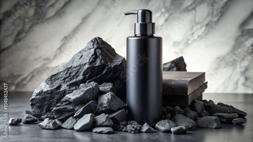 Contrast of Care: A Black Lotion Bottle Beside a Mound of Coal on a Marble Countertop photo