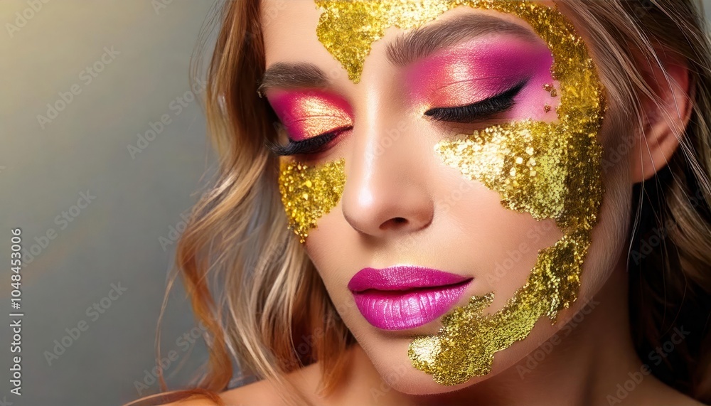 image of a woman made up with glitter and lots of glitter in the colors gold, silver image of a woman made up with glitter and lots of glitter in the colors gold, silver