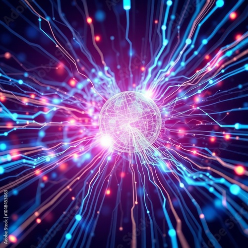 Cosmic explosion, vibrant energy burst, neon blue and pink lights, abstract space background, dynamic light trails, galactic core, particle physics visualization, quantum entanglement, high-energy col photo