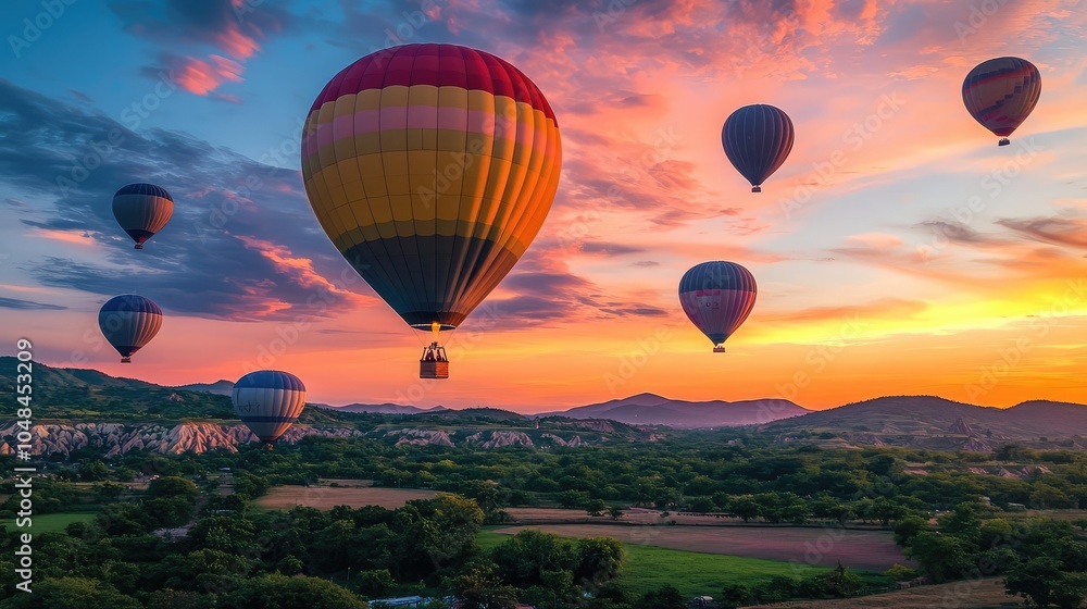Naklejka premium A vibrant sunset sky with multiple hot air balloons floating above a serene countryside, the sky glowing with shades of orange and pink
