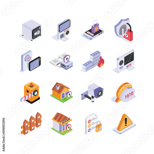 Pack of security and protection isometric icons in modern style