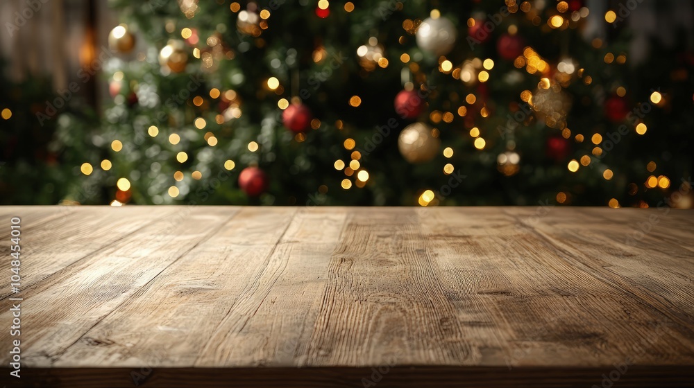 Empty table in front of christmas tree with decoration background Empty table in front of christmas tree with decoration background