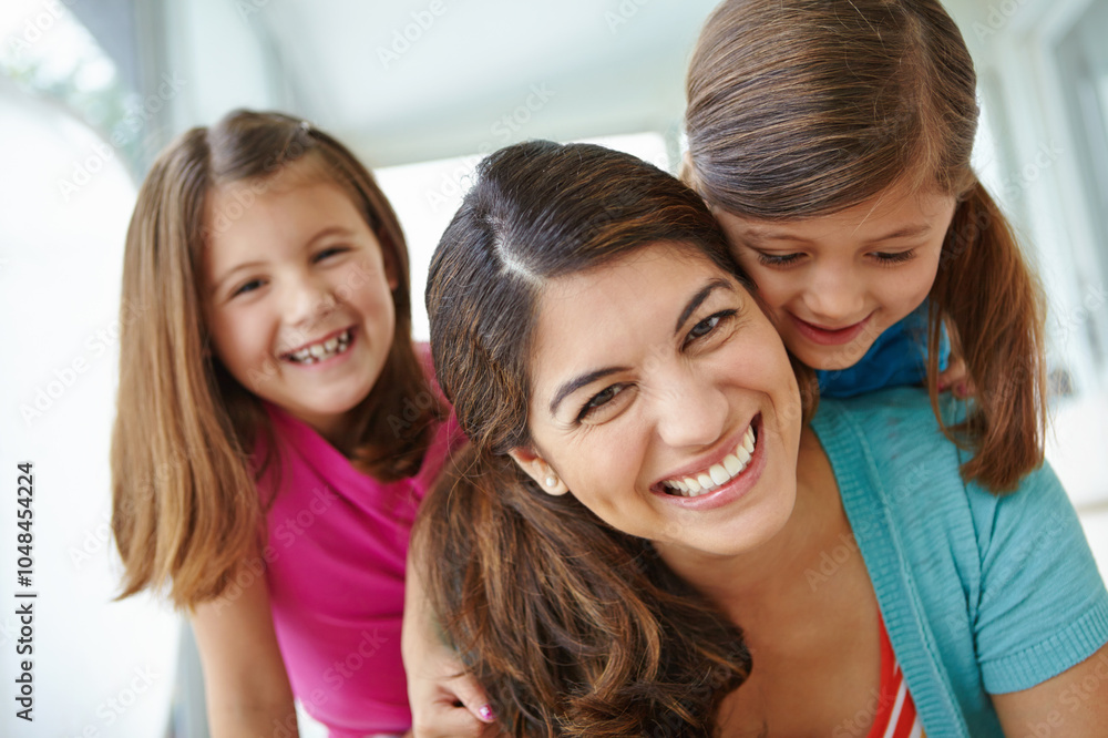 Home, playful and children with portrait by woman for connection, development and bonding together. Happy, daughter and mother with girl kids in house for family love, care and relaxing on weekend Home, playful and children with portrait by woman for connection, development and bonding together. Happy, daughter and mother with girl kids in house for family love, care and relaxing on weekend