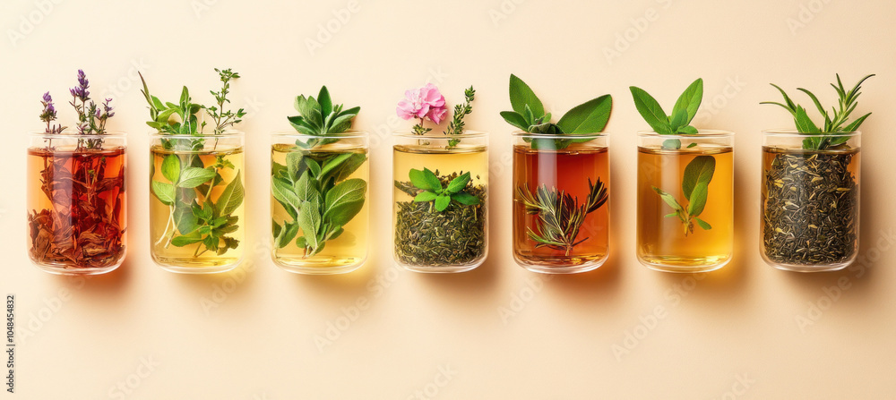 Various kinds of tea and herbs arranged in a row on a beige background Various kinds of tea and herbs arranged in a row on a beige background