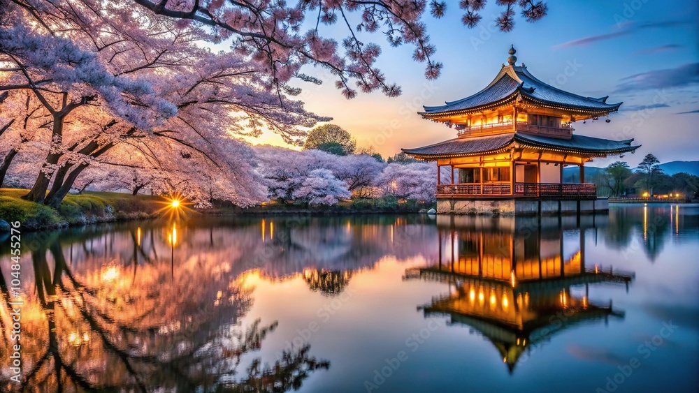 Tranquil evening scene with temple, cherry blossoms, water reflection Tranquil evening scene with temple, cherry blossoms, water reflection
