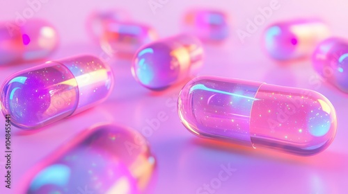 Close-up of colorful capsules on a pink surface.