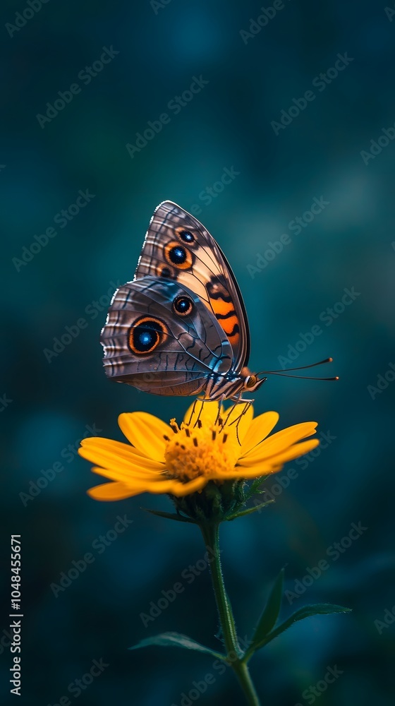Obraz premium A photograph of a buckeye butterfly with its large, multicolored eyespots on the wings is perched delicately atop yellow petals in natural daylight