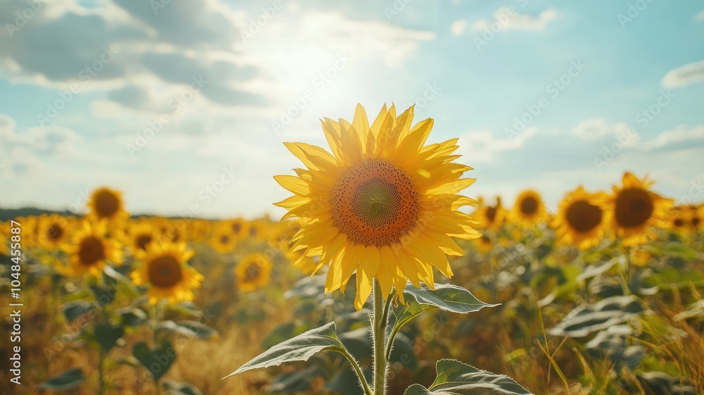 Fototapeta premium Vibrant sunflower blooms in sunlit field under blue sky