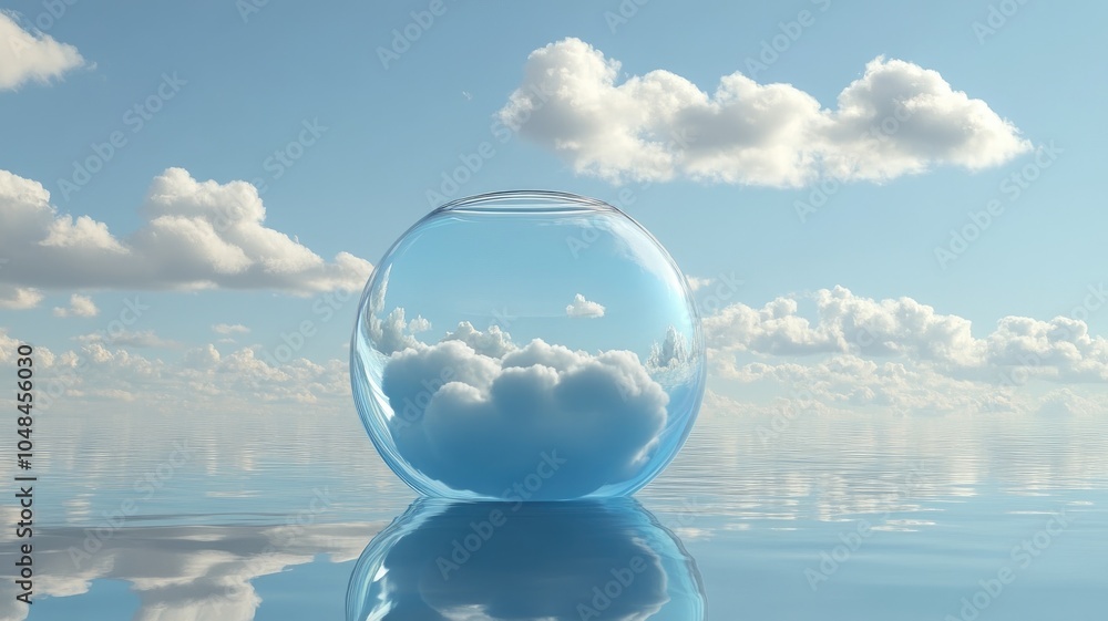 Glass sphere reflecting clouds and sky over calm water Glass sphere reflecting clouds and sky over calm water