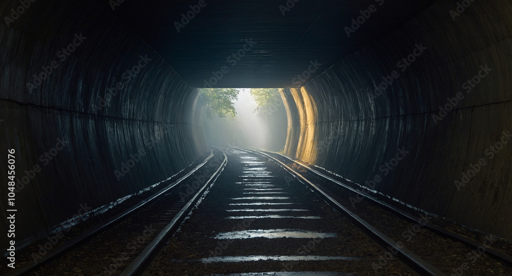 A view from inside a dark, misty tunnel. A view from inside a dark, misty tunnel.