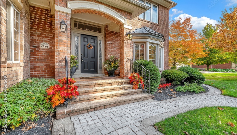 Front entrance of a suburban brick home. Front entrance of a suburban brick home.
