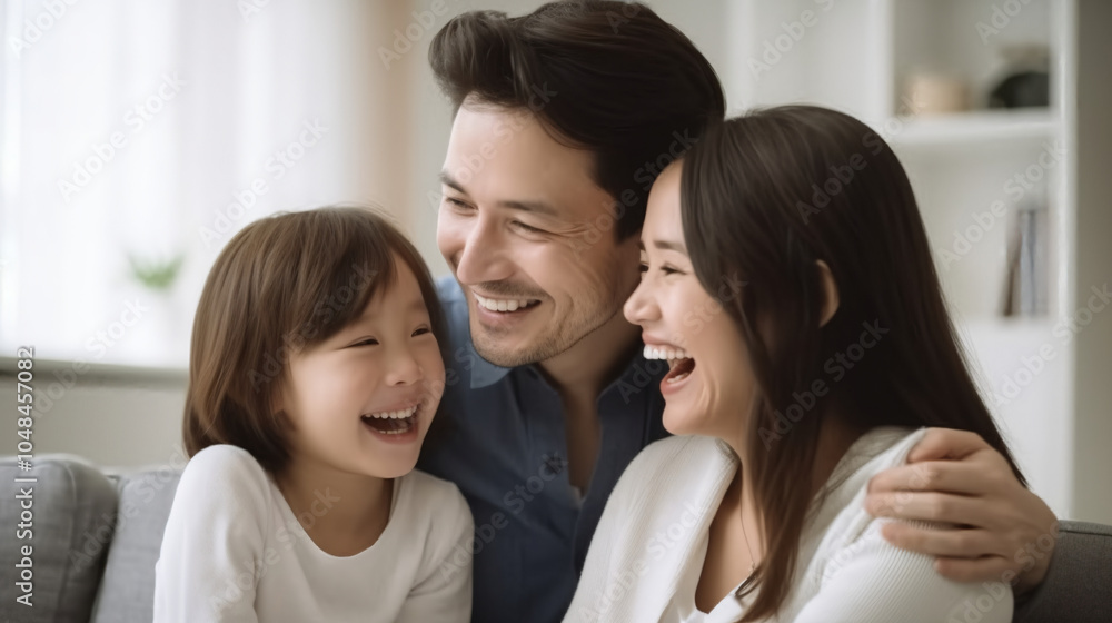 A family of three smiling at each other. A family of three smiling at each other.