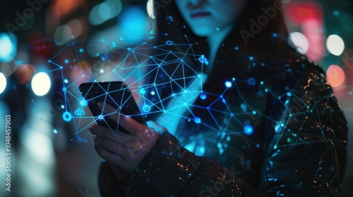 Woman Using Smartphone with Network Connection